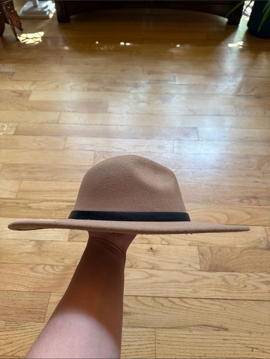 Wide-Brim Felt Fedora Hat in Beige with Black Band